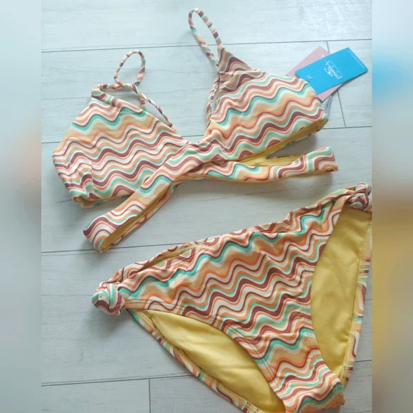 O'Neill NEW girls Lagoon Stripe Wrap Top Bikini Set